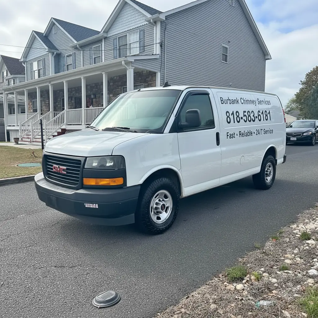 Burbank Chimney Services white GMC service van with company branding parked in front of residential home