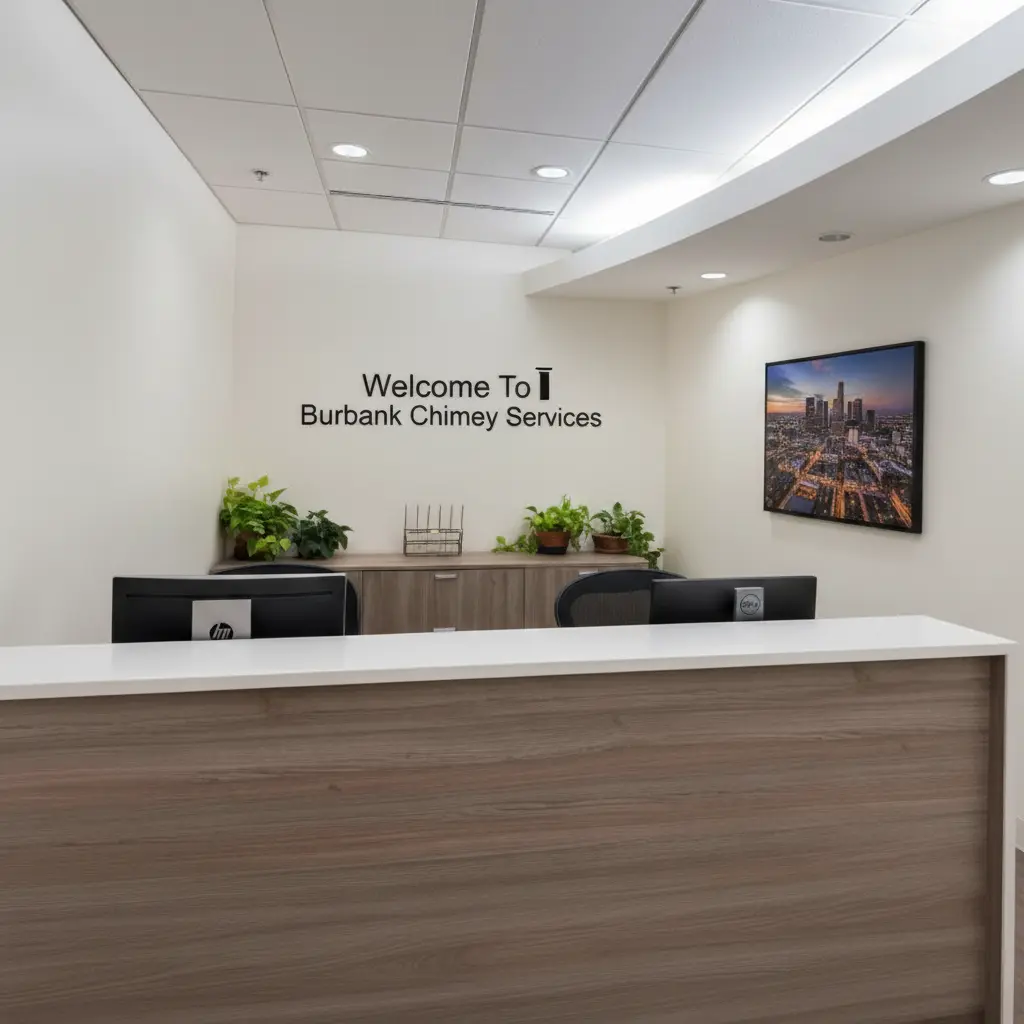 Professional office interior of Burbank Chimney Services with reception desk, Welcome To Burbank Chimney Services wall signage, and modern waiting area at 209 E Alameda Ave